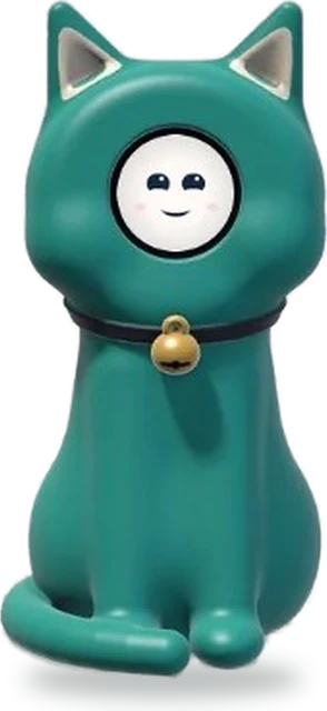 Dhunku, a teal sitting cat with a round face screen and a collar bell, standing on its own